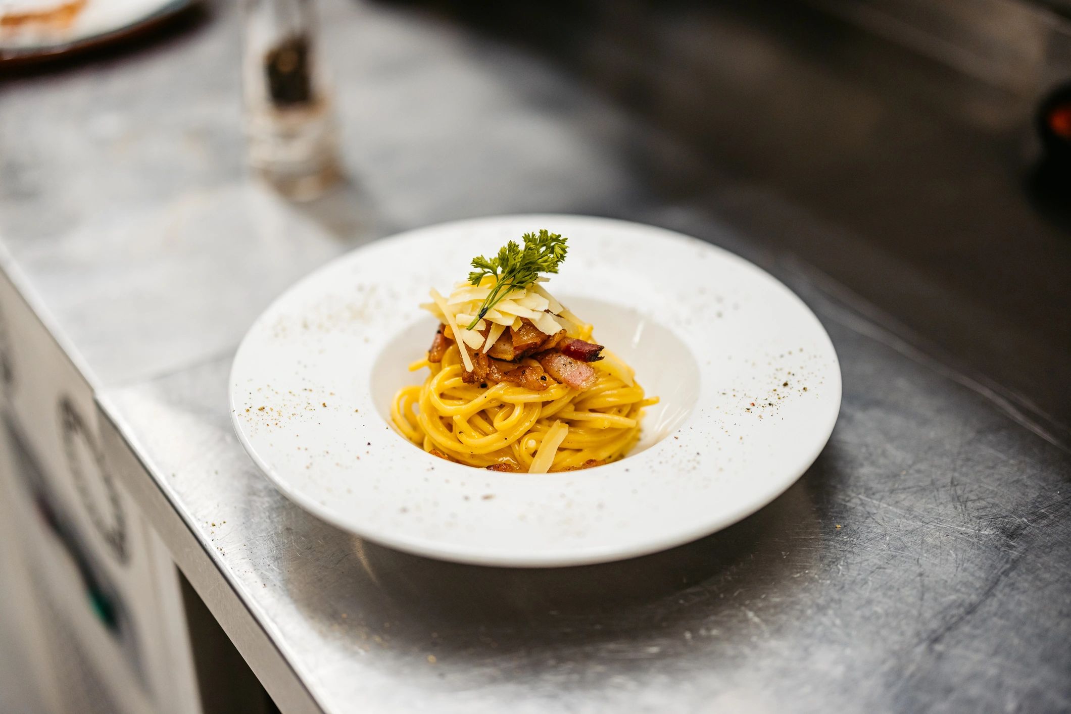 Freshly prepared carbonara pasta